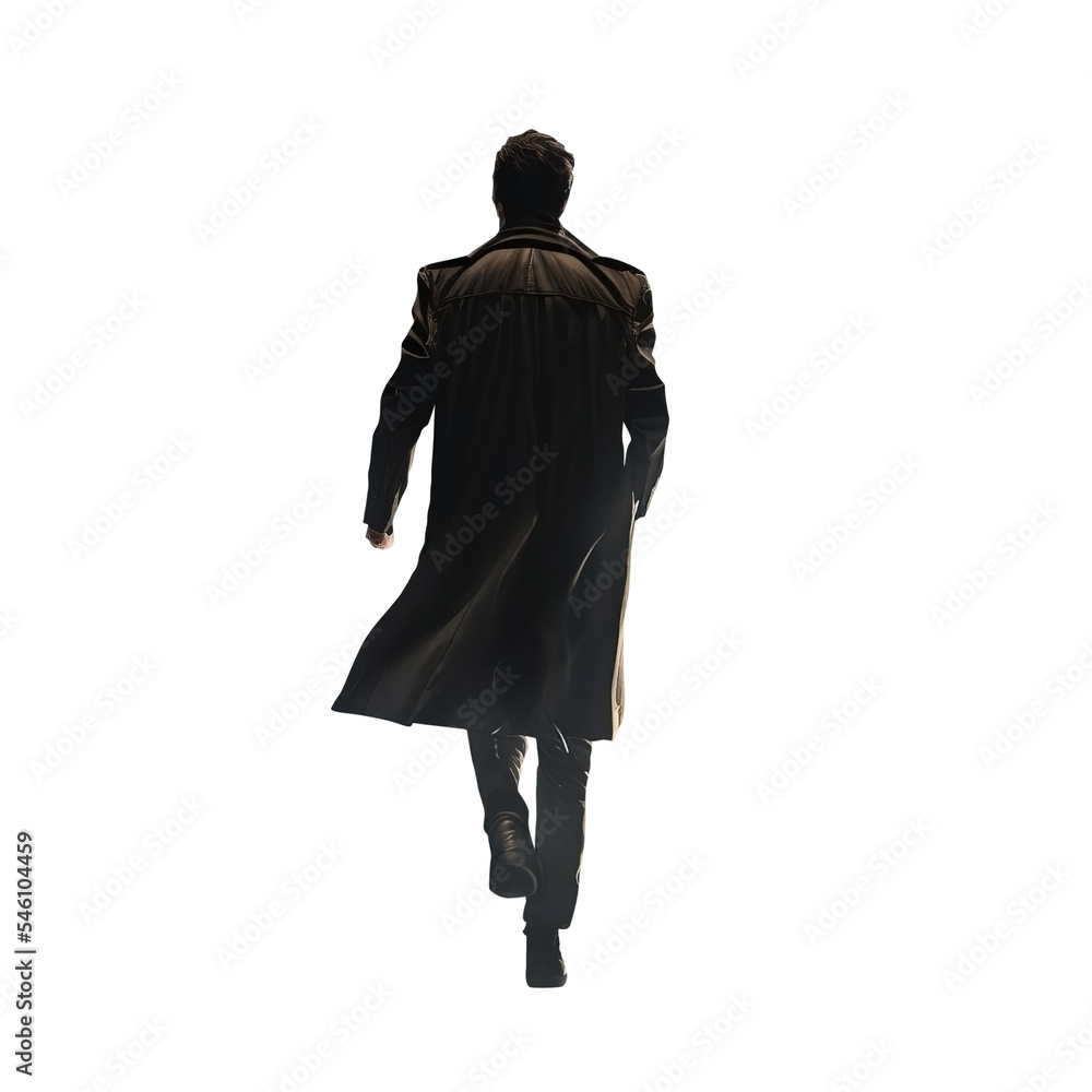 Man walking away. Trench coat. Silhouette of a man walking or running away. Long coat. Transparent isolated background. 