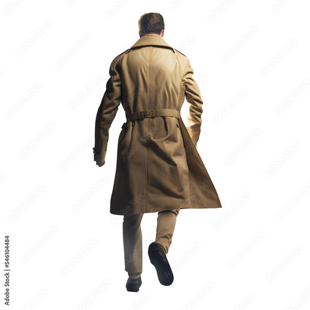 Handsome mysterious man walking away. Back view of a man wearing a brown  leather trench coat. Noir vintage sin city private detective. Transparent  isolated background. Illustration Stock | Adobe Stock