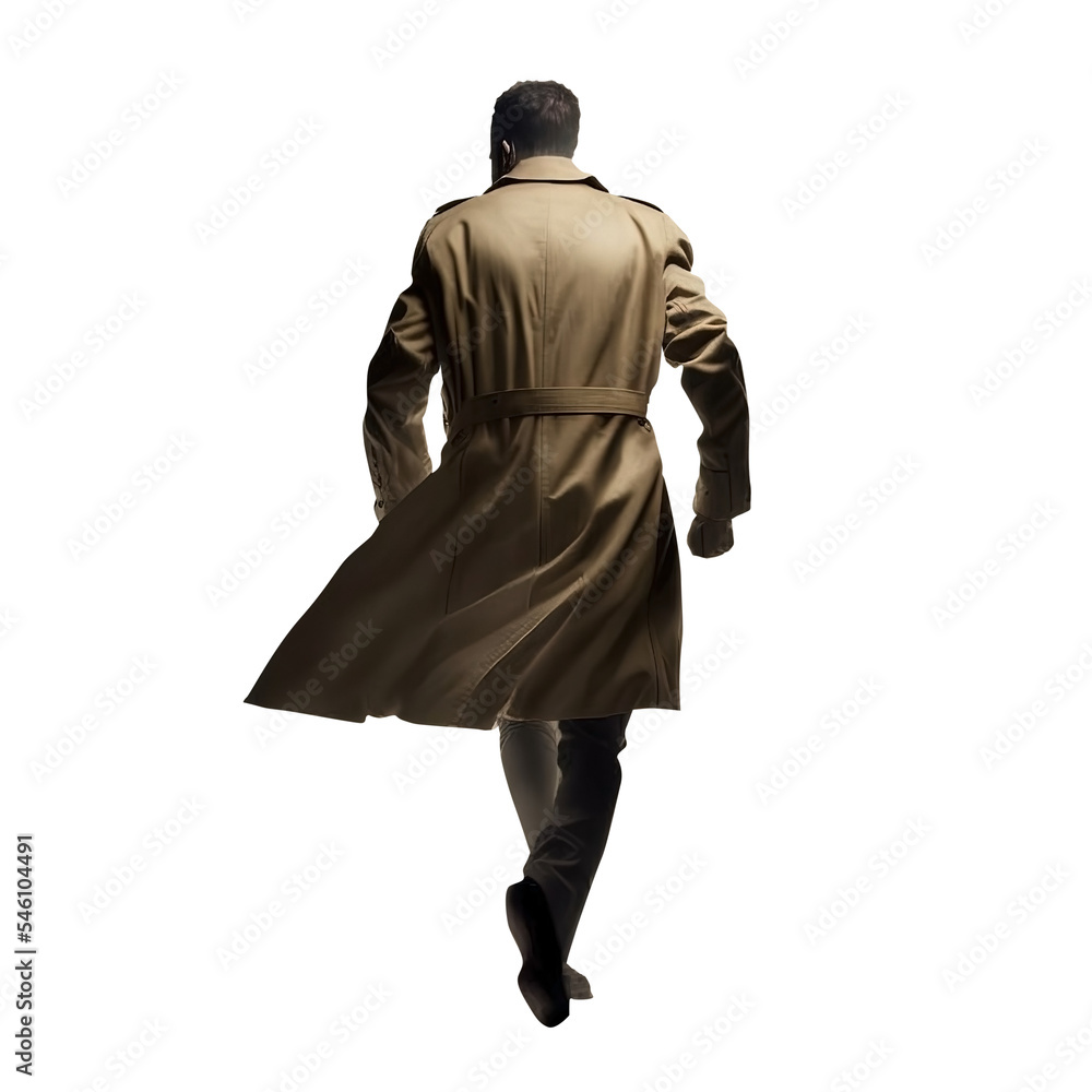 Man wearing trench coat in a noir vintage style. Looking back. Handsome man  running or walking away. Transparent background. Isolated full body view.  Stock Illustration | Adobe Stock
