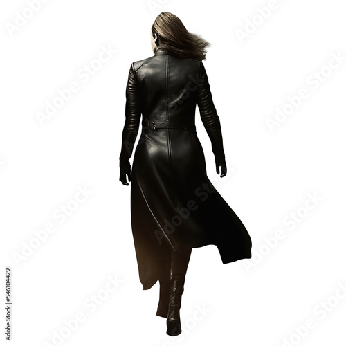 Woman walking running away wearing a black trench coat. Black leather coat. Pretty brunette mysterious woman back view. Transparent background. Isolated clipping path.  photo