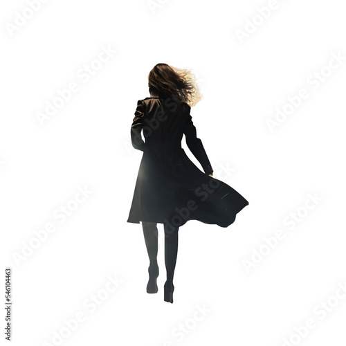 Woman walking running away wearing a black trench coat. Black leather trench coat. Pretty brunette mysterious woman back view. Transparent background. Isolated clipping path. 