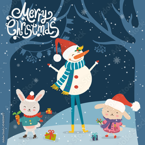 Cartoon illustration for holiday theme with snowman and two happy funny rabbits on winter background with trees and snow. Greeting card for Merry Christmas and Happy New Year.