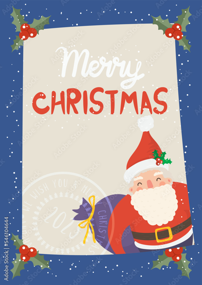 Cartoon illustration for holiday theme with happy Santa Claus on winter background with trees and snow. Greeting card for Merry Christmas and Happy New Year. Vector illustration. Cartoon illustration for holiday theme with happy Santa Claus on winter background with trees and snow. Greeting card for Merry Christmas and Happy New Year. Vector illustration.