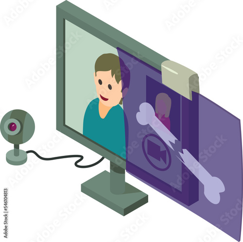 Online conference icon isometric vector. Doctor image on screen, broken bone xray. Medicine and healthcare concept
