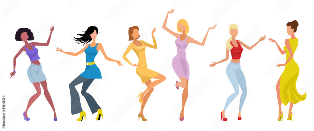 Female figures dancing at party in modern clothes vector illustration on isolated background. Female figures dancing at party in modern clothes vector illustration on isolated background.