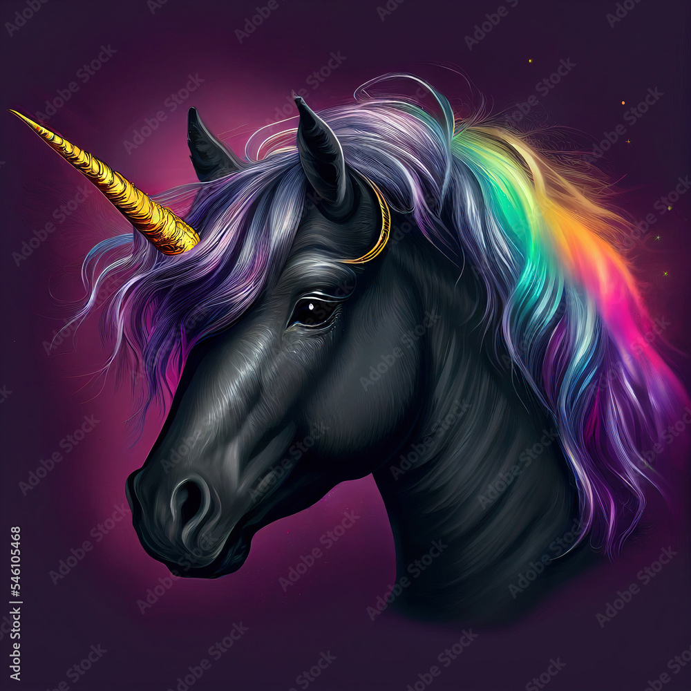 Black unicorn with rainbow mane, abstract generated art sketch 