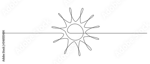 One continuous line drawing of sun and sunrise. Hot temperature and summer symbol in simple linear style. Solar green energy concept in editable stroke. Doodle vector illustration
