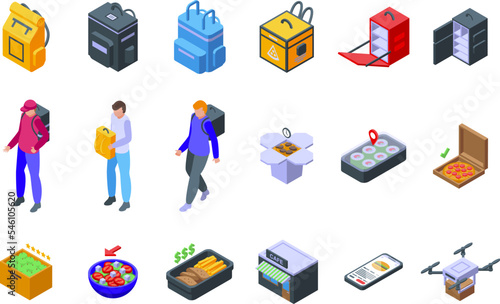 Parcel backpack icons set isometric vector. Food delivery. Bike fast