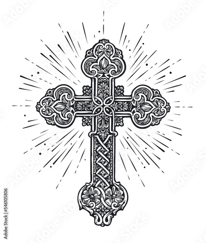 Ornate Christian Cross. Church, Faith in God, Christianity religion symbol. Illustration in vintage engraving style