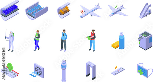 Aircraft disinfection icons set isometric vector. Airport plane. Cabin health