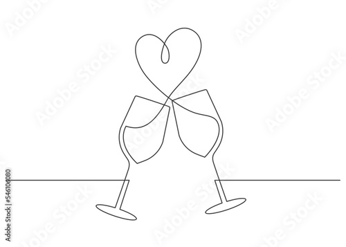 Continuous one line drawing of cheers two wine glasses. Heart shapes splash. Vector illustration.