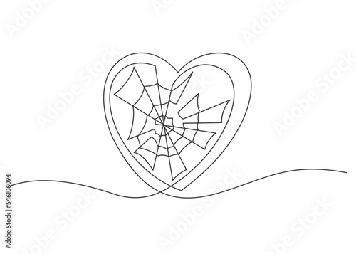 Continuous line drawing of heart with spider web inside. Vector illustration.