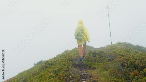 Woman hiker exploring nature in a misty rainy landscape. Trekking in cold stormy weather, coat blowing in wind. Wet weather concept. photo