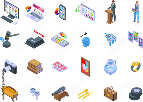 Online auction icons set isometric vector. House bid. Law property