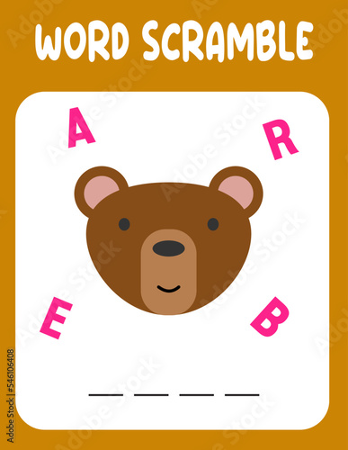 Bear Word scramble . Educational game for kids. English language spelling worksheet for preschool children.
