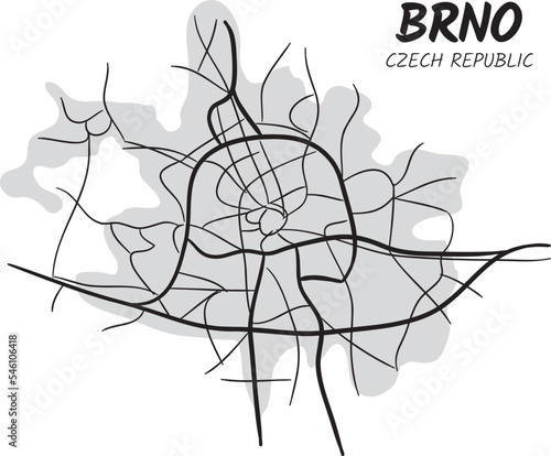 Vector drawing silhouette of the city of Brno, Czech Republic with roads and highways