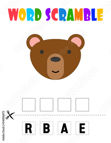 Bear Word scramble . Educational game for kids. English language spelling worksheet for preschool children.