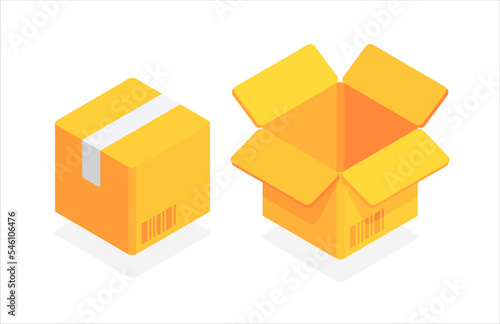 Carton delivery packaging open and closed box with barcode. Cardboard box. Flat 3d vector isometric illustration isolated on white background