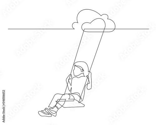 Continuous line drawing of swing. Child swinging on clouds swing. Vector illustration