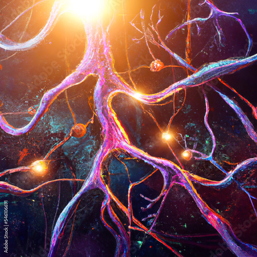 Microscopic view of neurons. Brain connections. Synapses. Communication and cerebral stimulus. Neural network circuit, degenerative diseases, Parkinson, Alzheimer. 3d rendering photo