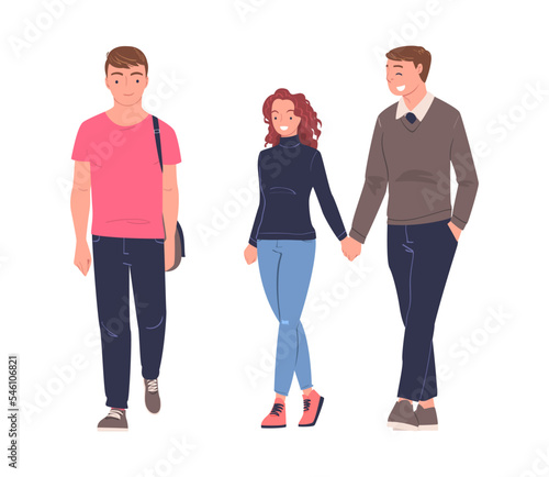 Walking Man and Woman Character Strolling in the Street and Smiling Vector Set