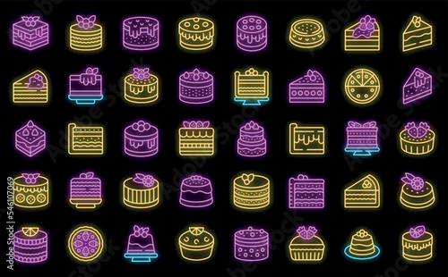 Cheesecake icons set outline vector. Cake dessert. Slice piece neon color on black