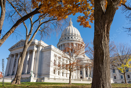 Morning light on the Wisconsin state capitol building in late fall. Madison, Wisconsin, USA.