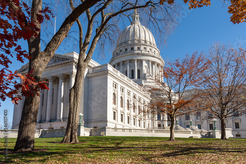 Morning light on the Wisconsin state capitol building in late fall. Madison, Wisconsin, USA.