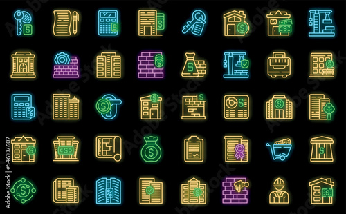 Building subsidy icons set outline vector. Finance public. Aid budget neon color on black