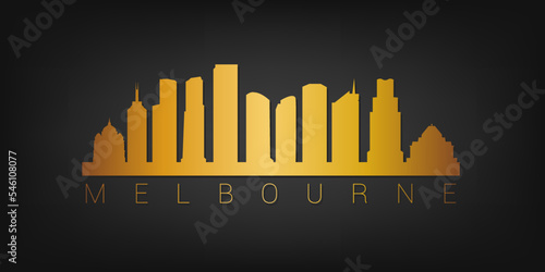 Melbourne VIC, Australia Gold Skyline City Silhouette Vector. Golden Design Luxury Style Icon Symbols. Travel and Tourism Famous Buildings.