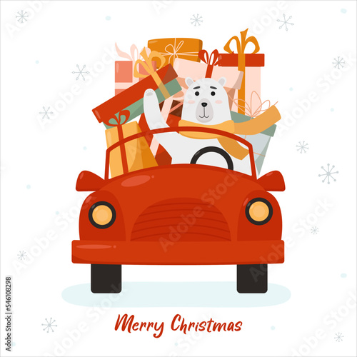 Christmas card with red car, polar bear and gifts. Beautiful vector illustration. Design for greeting card, poster, website