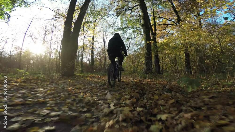 Bicycle ride in the autumn sunny forest. Caucasian boy guy teenager rides a bike. Physical education and a healthy lifestyle Bicycle ride in the autumn sunny forest. Caucasian boy guy teenager rides a bike. Physical education and a healthy lifestyle