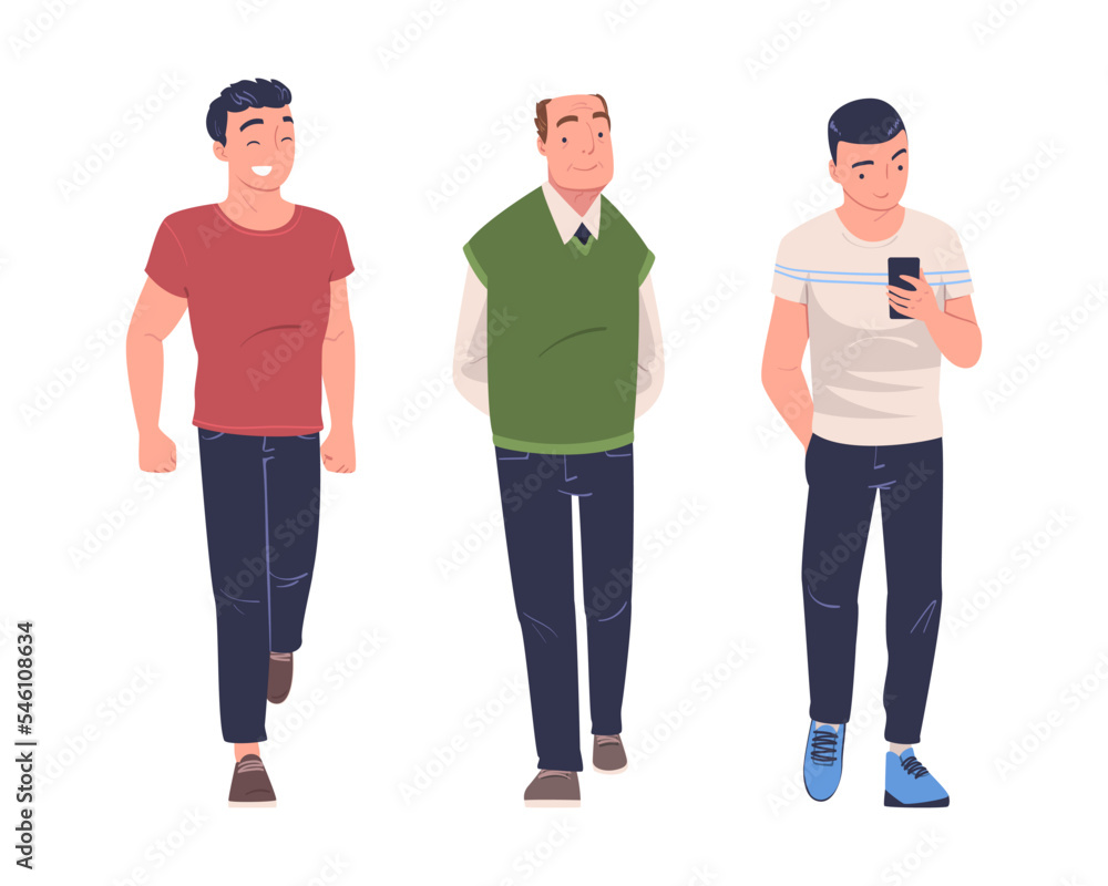 Walking Man Character Strolling in the Street and Smiling Vector Set