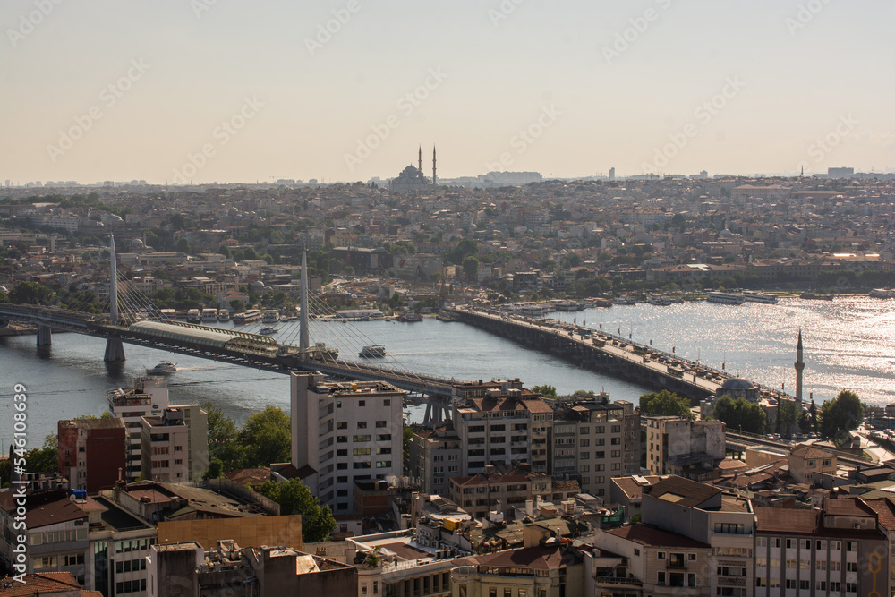 Istanbul city view from Galata tower in Turkey. Golden Horn bay of Istanbul