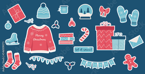 Cute vector set of hygge christmas stickers, cute illustration winter and christmas hygge elements.