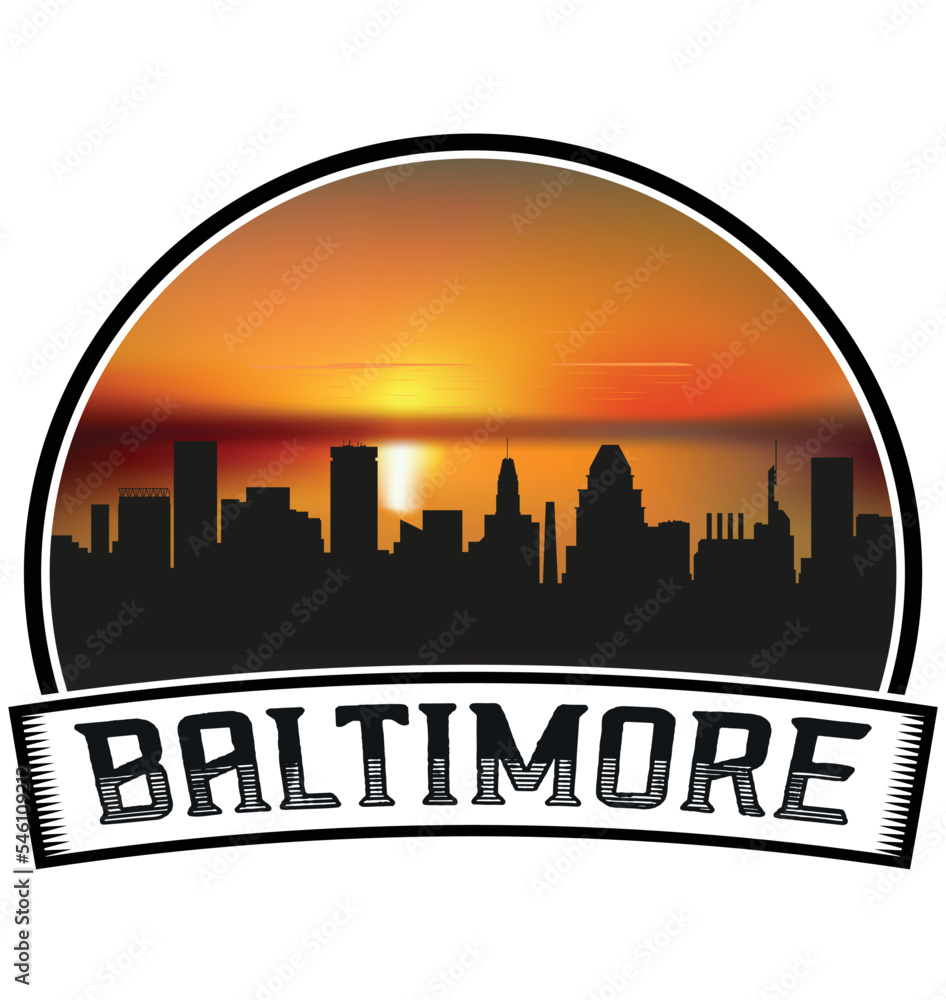 Baltimore Maryland USA Skyline Sunset Travel Souvenir Sticker Logo Badge Stamp Emblem Coat of Arms Vector Illustration EPS