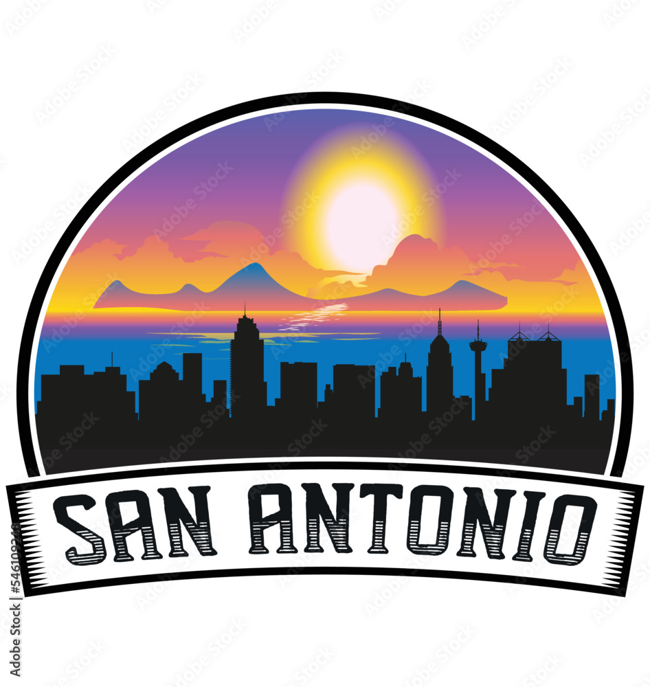 San Antonio Texas USA Skyline Sunset Travel Souvenir Sticker Logo Badge Stamp Emblem Coat of Arms Vector Illustration EPS