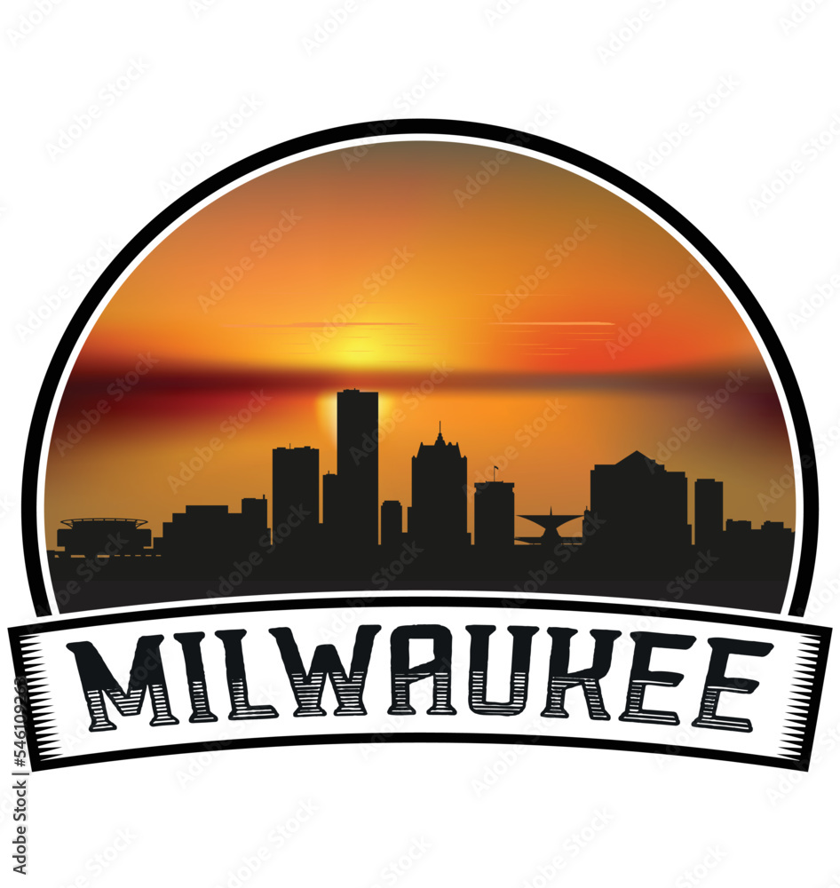 Milwaukee Wisconsin USA Skyline Sunset Travel Souvenir Sticker Logo Badge Stamp Emblem Coat of Arms Vector Illustration EPS