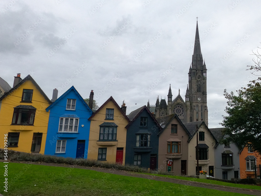 view of Cobh Cathedral, County Cork, Ireland, on a cloudy day