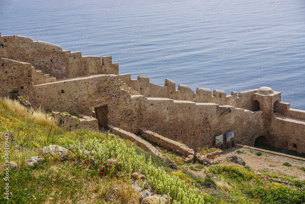 Monemvasia, Greece: The eastern wall of the medieval castle town of Monemvasia (founded in 583), overlooking the Aegean Sea.