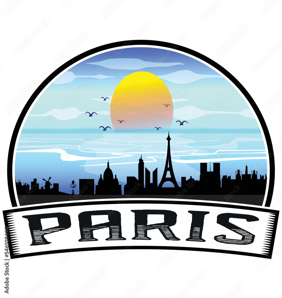 Paris France Skyline Sunset Travel Souvenir Sticker Logo Badge Stamp Emblem Coat of Arms Vector Illustration EPS