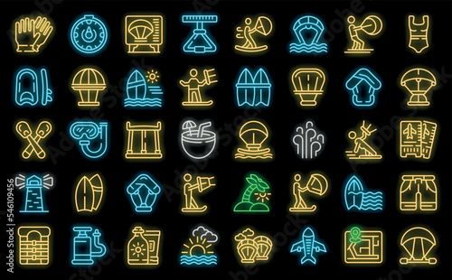 Kitesurfing icons set outline vector. Sport kite. Active board neon color on black