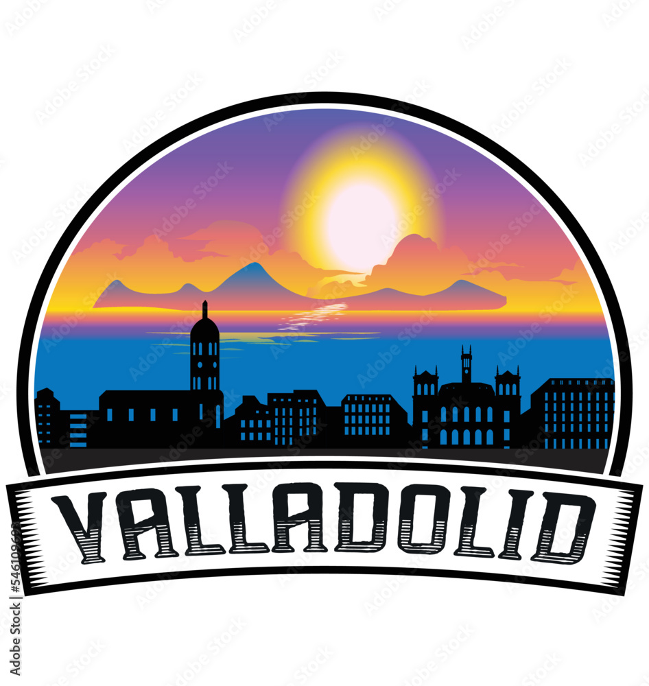 Valladolid Spain Skyline Sunset Travel Souvenir Sticker Logo Badge Stamp Emblem Coat of Arms Vector Illustration EPS