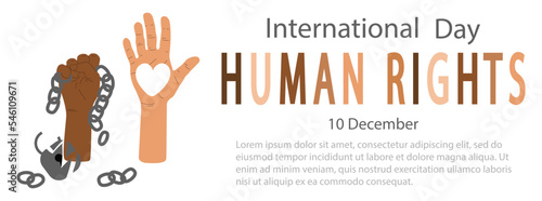 Human rights international day horizontal background vector illustration. Diverse hands with broken chain and padlock and with white heart. Banner template with copy space