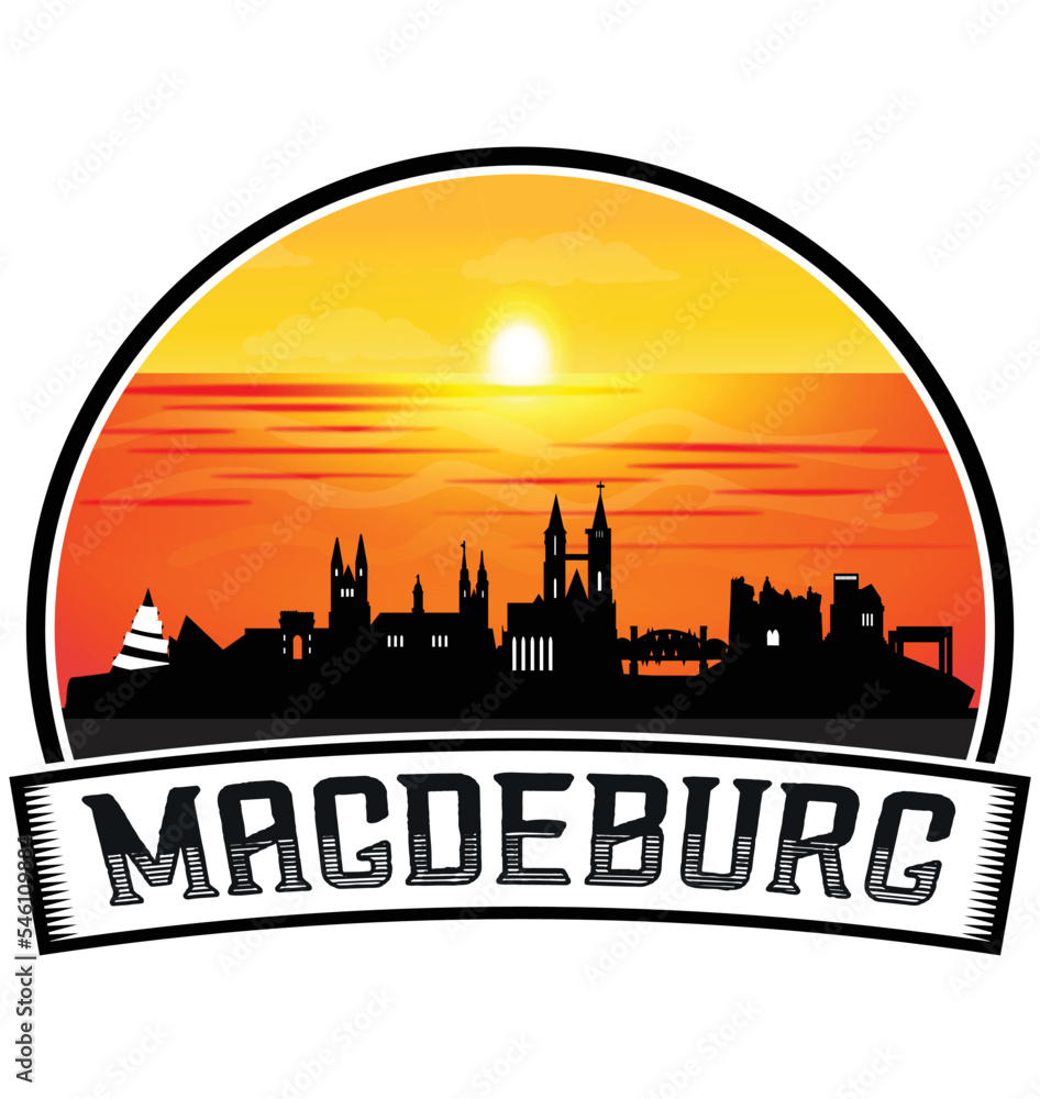 Magdeburg Germany Skyline Sunset Travel Souvenir Sticker Logo Badge Stamp Emblem Coat of Arms Vector Illustration EPS