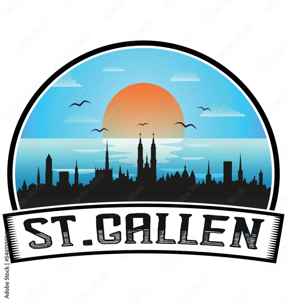 St. Gallen Switzerland Skyline Sunset Travel Souvenir Sticker Logo Badge Stamp Emblem Coat of Arms Vector Illustration EPS