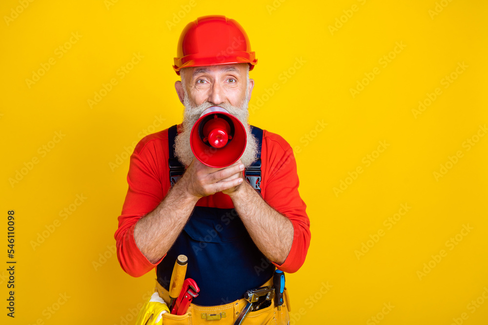 Photo of pensioner technician artisan hold bullhorn spreading repair sale message isolated on shine color background