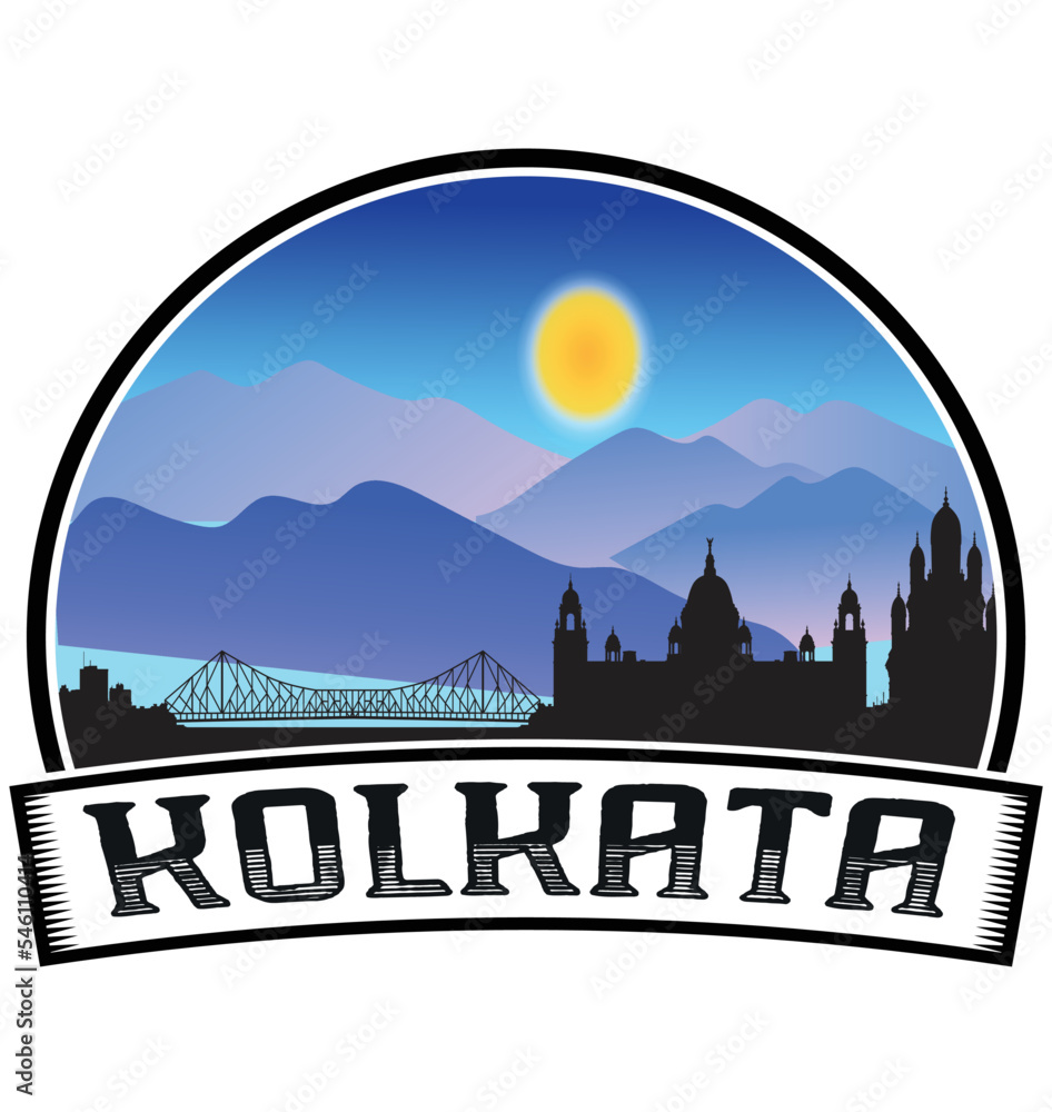 Kolkata India Skyline Sunset Travel Souvenir Sticker Logo Badge Stamp Emblem Coat of Arms Vector Illustration EPS