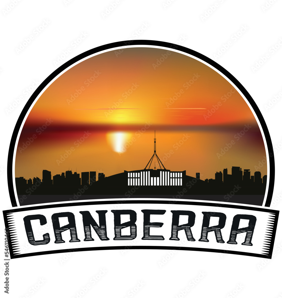 Canberra Australia Skyline Sunset Travel Souvenir Sticker Logo Badge Stamp Emblem Coat of Arms Vector Illustration EPS
