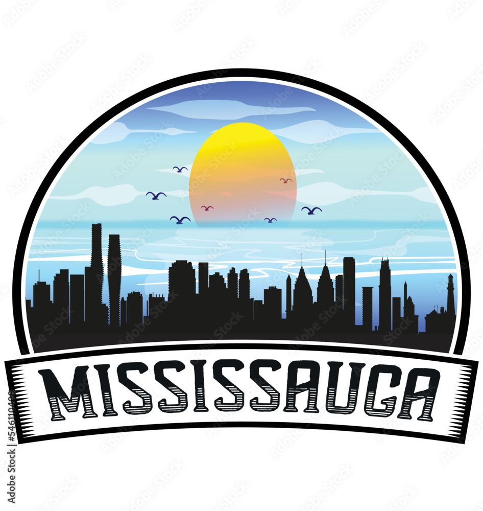 Mississauga Canada Skyline Sunset Travel Souvenir Sticker Logo Badge Stamp Emblem Coat of Arms Vector Illustration EPS